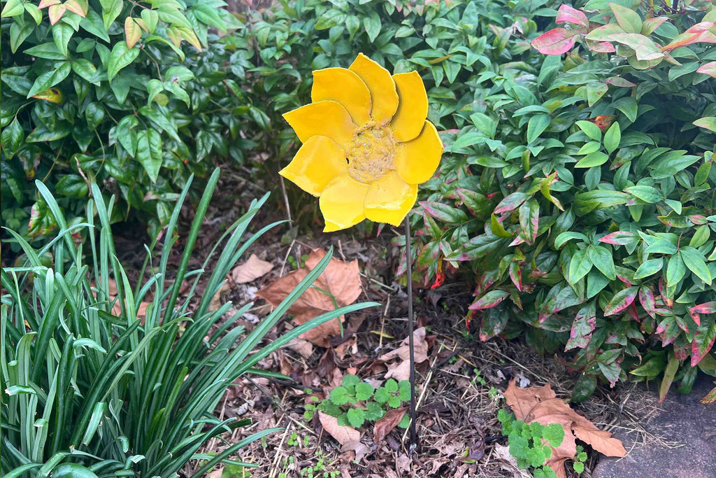 Rustic Yellow Metal Dandelion Flower Stake - Patio Garden Art