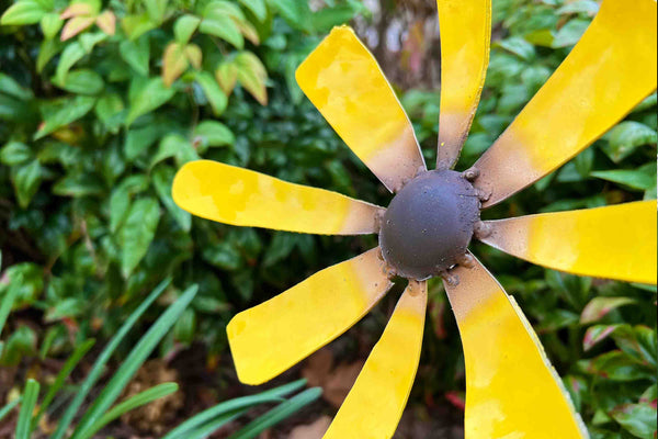 Handmade Metal Sunflower Garden Stake: Rustic Yellow Steel Flowerbed Accent
