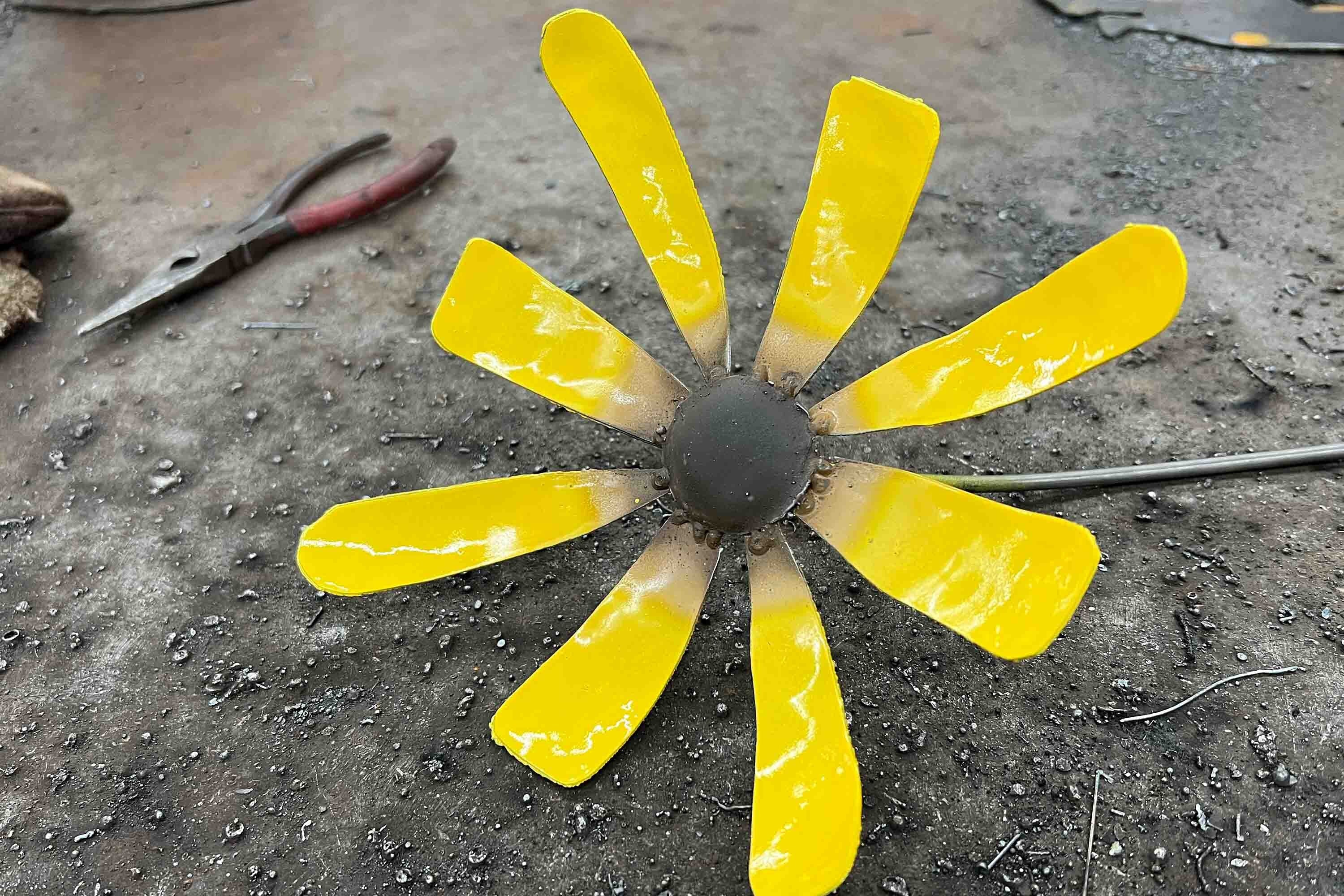 Handmade Metal Sunflower Garden Stake: Rustic Yellow Steel Flowerbed Accent