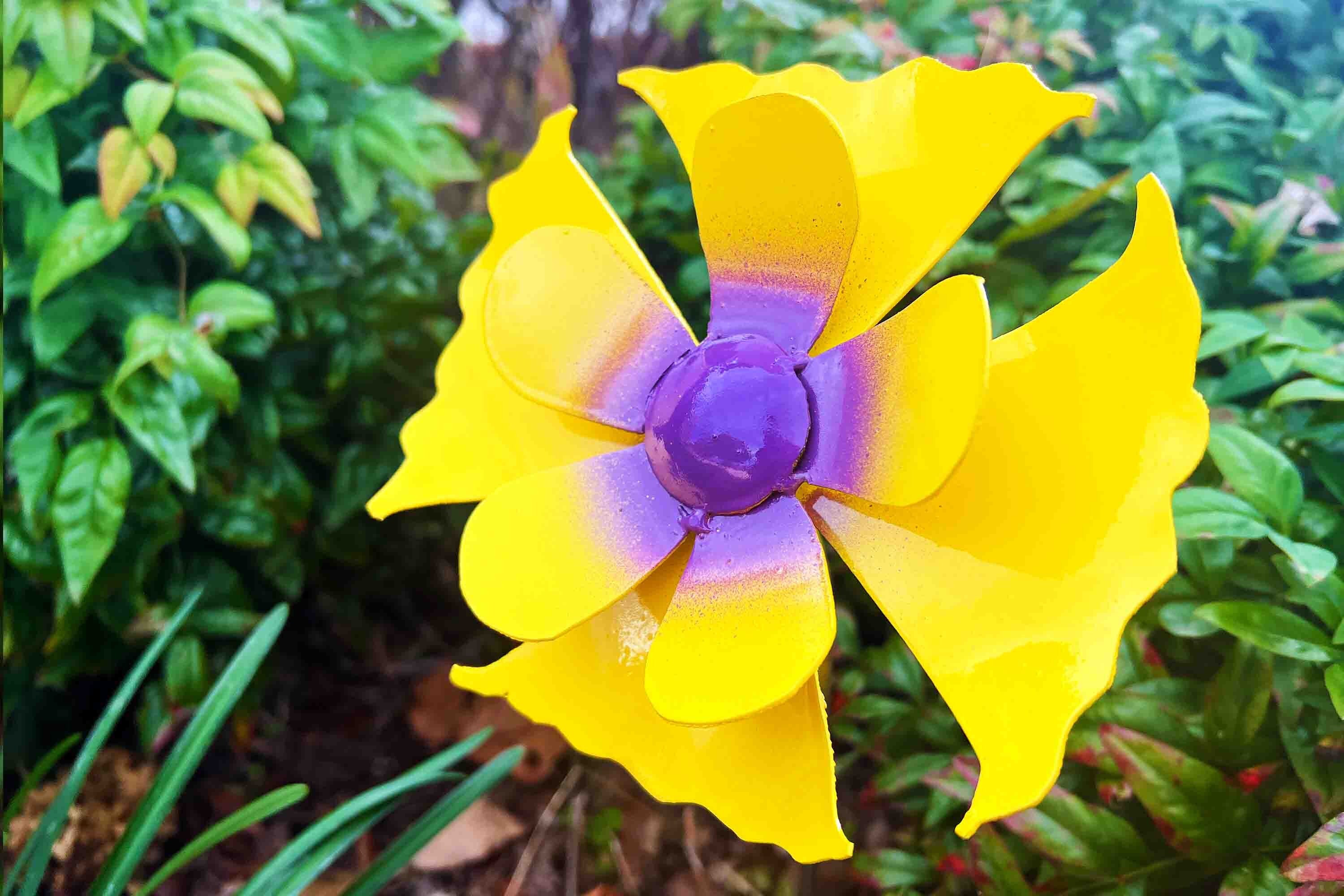 Gabriela Metal Flower Stake: Yellow & Purple Garden Art (22" Tall)