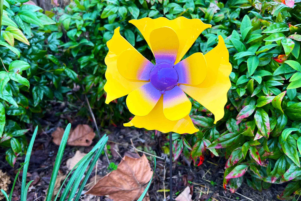 Gabriela Metal Flower Stake: Yellow & Purple Garden Art (22" Tall)