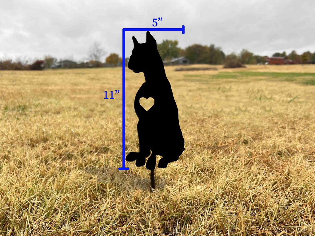 Metal Boxer Dog Garden Stake: Black Silhouette with Heart