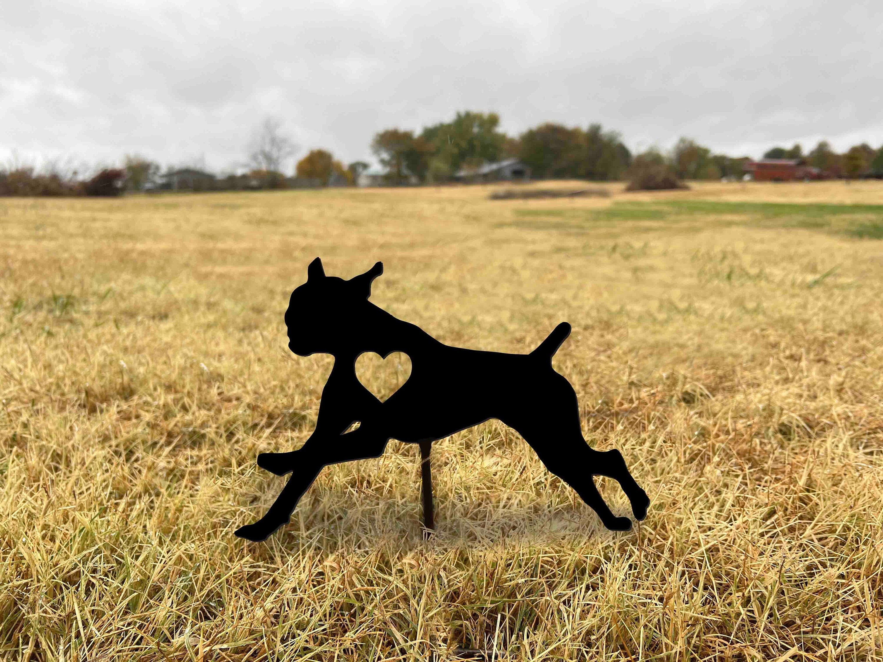 Leaping Boxer Dog Yard Stake: Black Metal Heart Decor