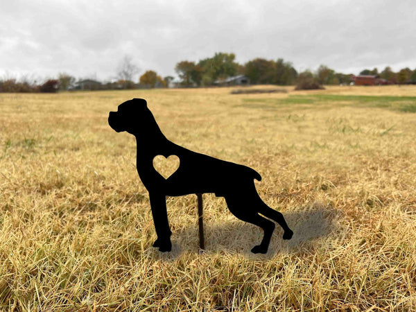 Metal Boxer Dog Heart Yard Stake - Outdoor Home Decor
