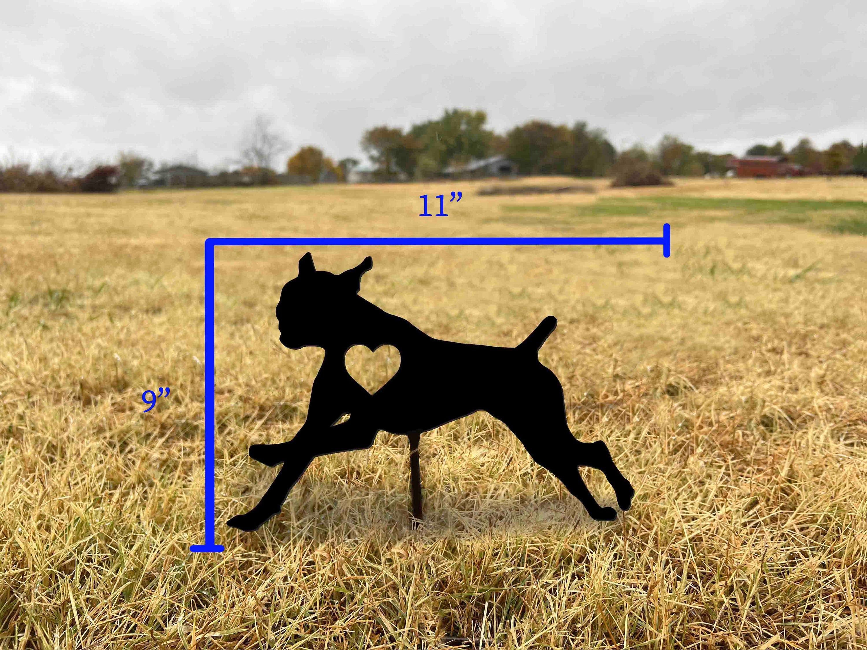 Leaping Boxer Dog Yard Stake: Black Metal Heart Decor