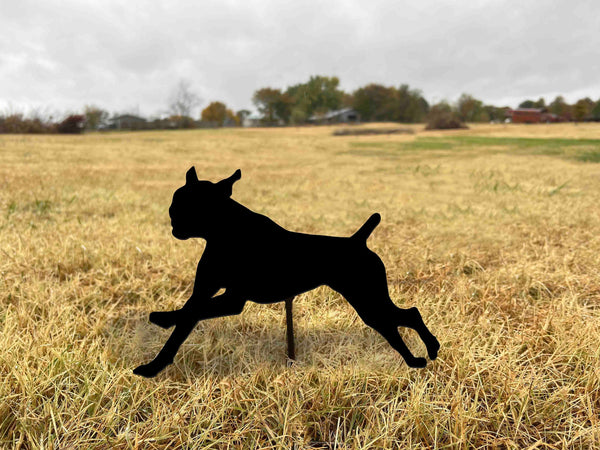 Leaping Boxer Dog Garden Stake: Black Metal Outdoor Decor