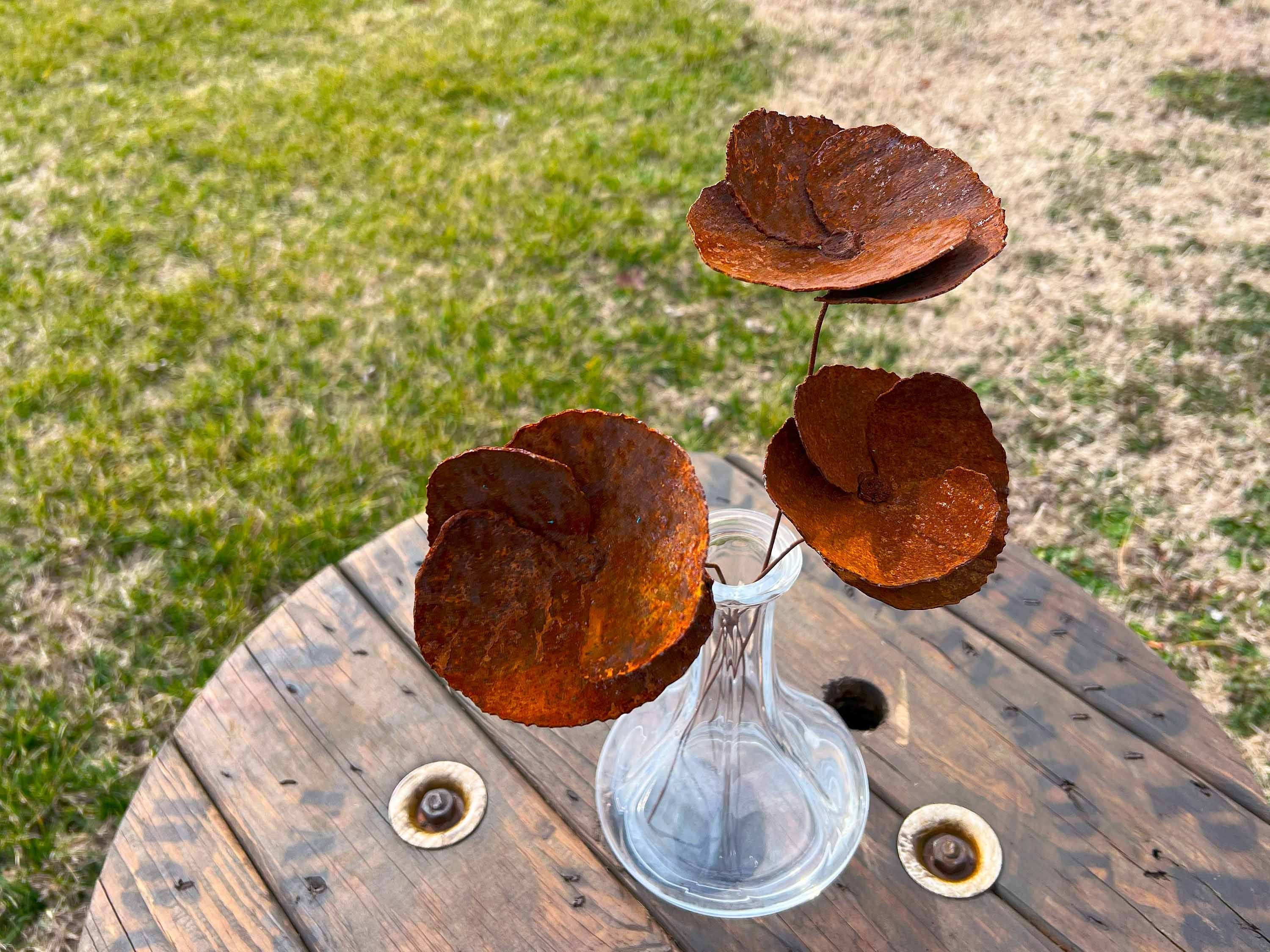 Handmade Rustic Rusty Poppy Set: Weathered Metal Flower Art