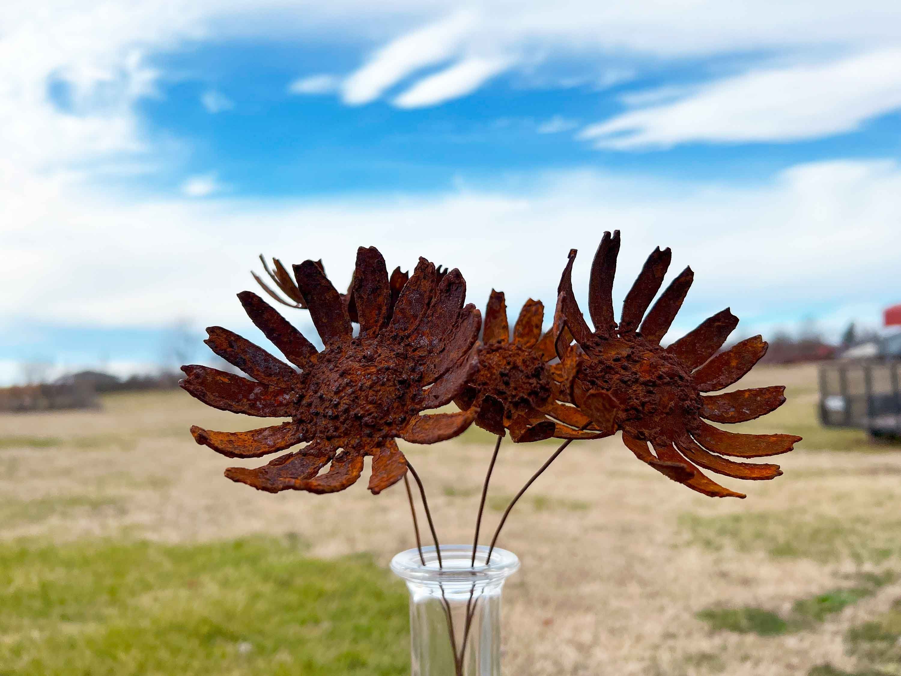Rusty Gerbera Daisy Set: Handmade Industrial Flower Stake Decor