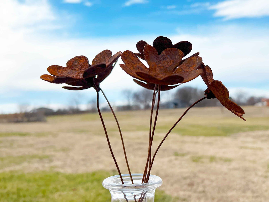 Handmade Rusty Heart Flowers - Set of 6 - Industrial Floral Stakes