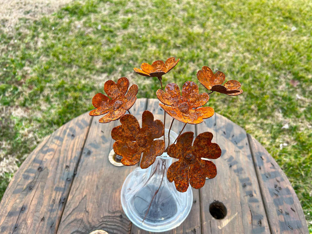 Handmade Rusty Heart Flowers - Set of 6 - Industrial Floral Stakes