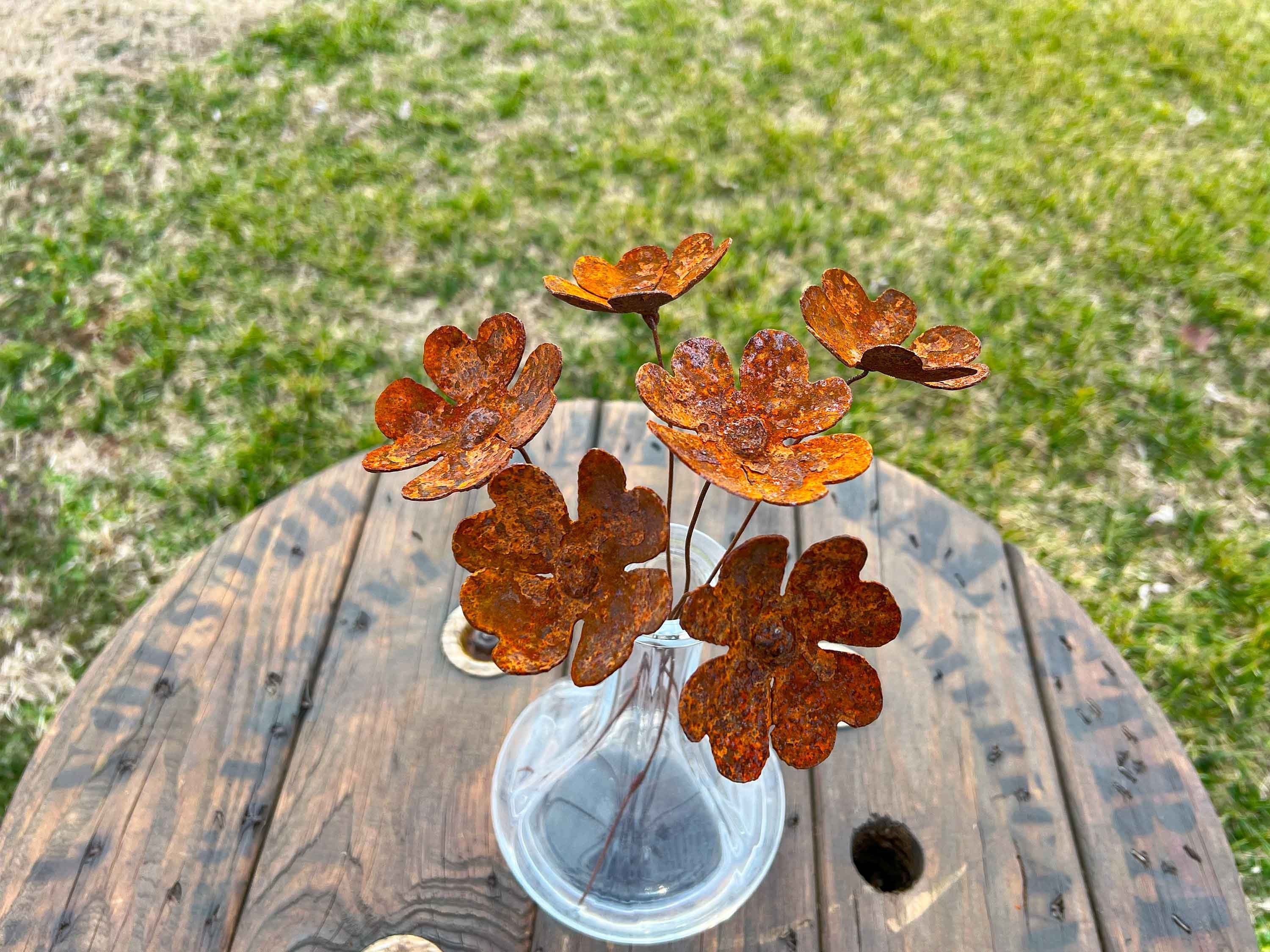 Handmade Rusty Heart Flowers - Set of 6 - Industrial Floral Stakes