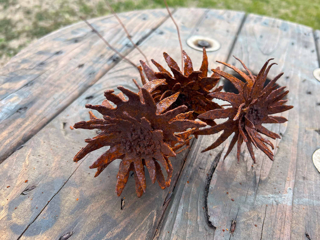 Handmade Rusty Metal Dahlia Flowers - Set of 3 - Rustic Industrial Decor