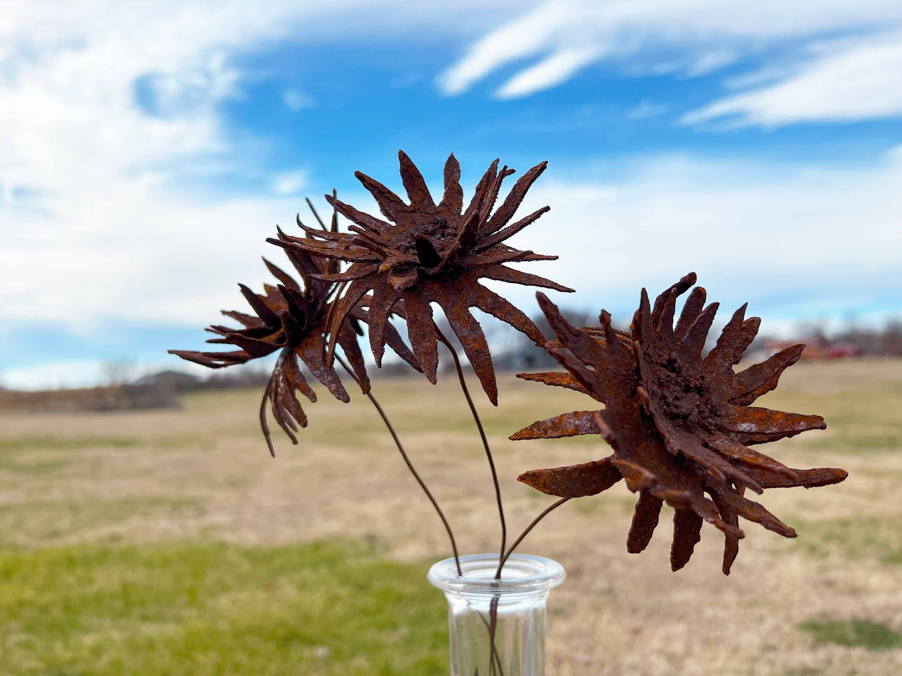 Handmade Rusty Metal Dahlia Flowers - Set of 3 - Rustic Industrial Decor