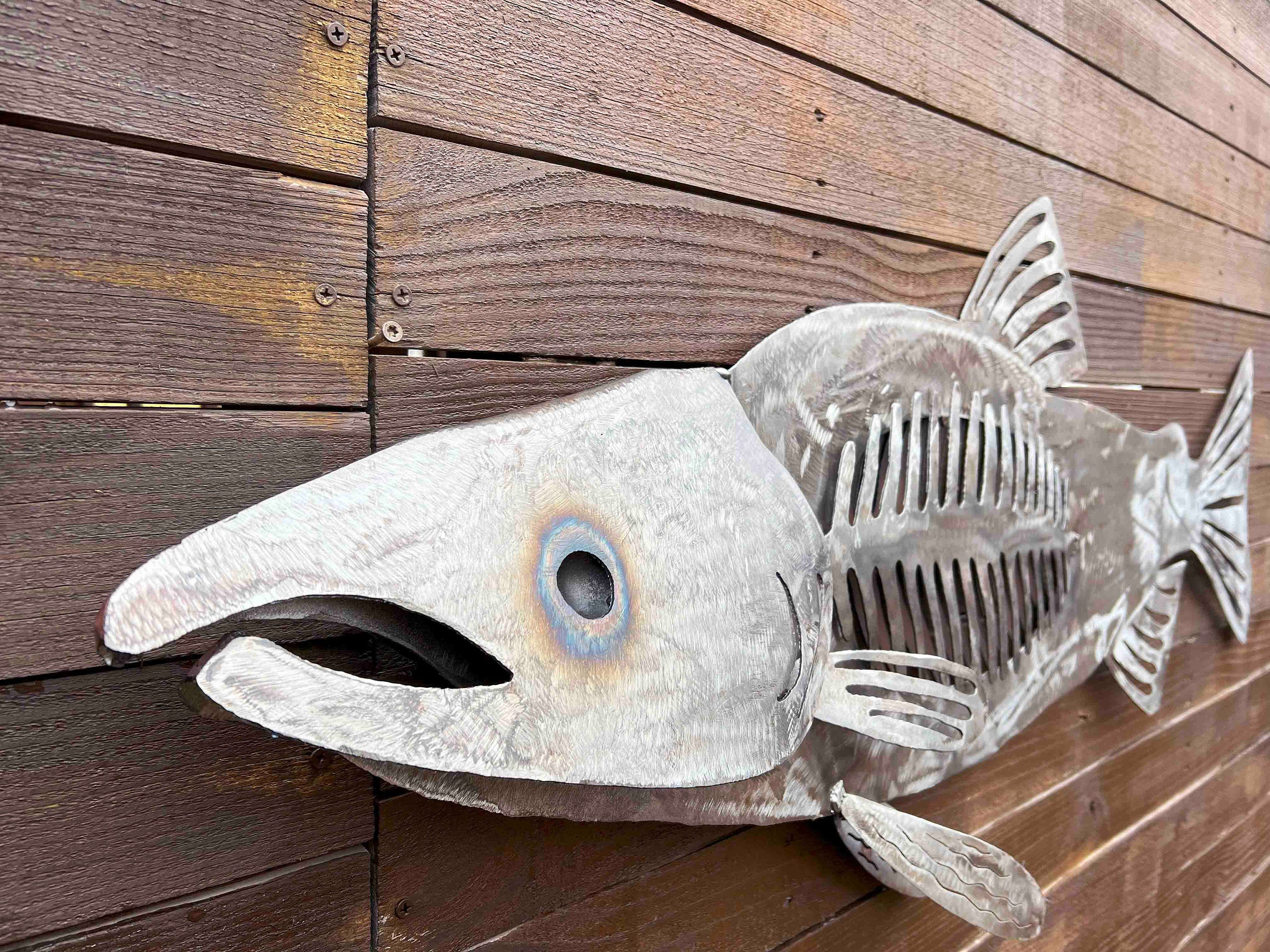 Large Steel Fish Sculpture: Silver & Black Nautical Wall Art