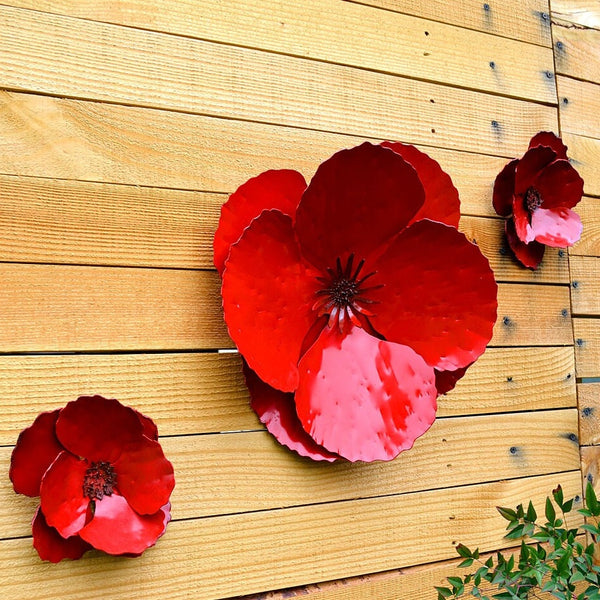 Red Metal Poppy Wall Art: Set of 3 Steel Flowers, Garden Decor