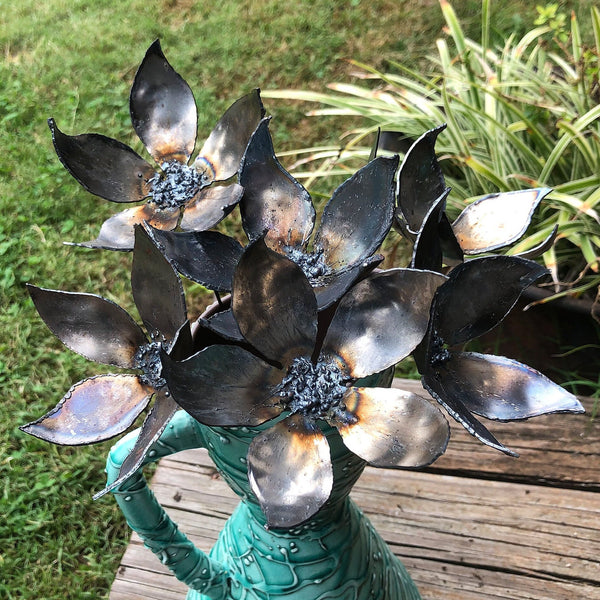 Handmade Steel Jasmine Flower Stakes: Unfinished Metal Garden Art, Set of 6