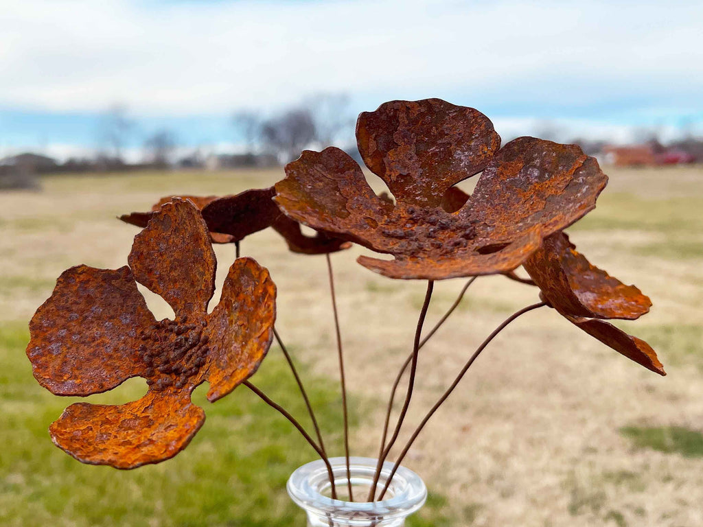 Rusty Iron Poppy Flowers (Set of 6) - Handmade Industrial Sculpture