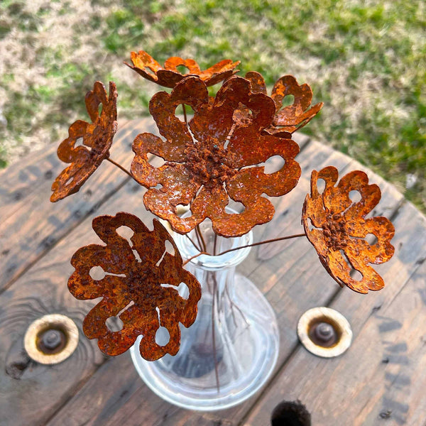 Handmade Rusty Metal Gardenia Flowers - Set of 6 - Industrial Floral Decor