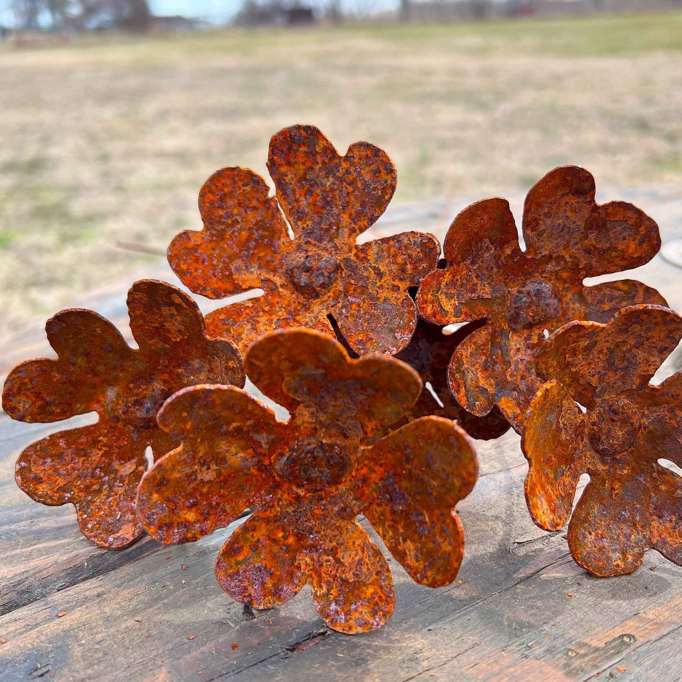Handmade Rusty Heart Flowers - Set of 6 - Industrial Floral Stakes