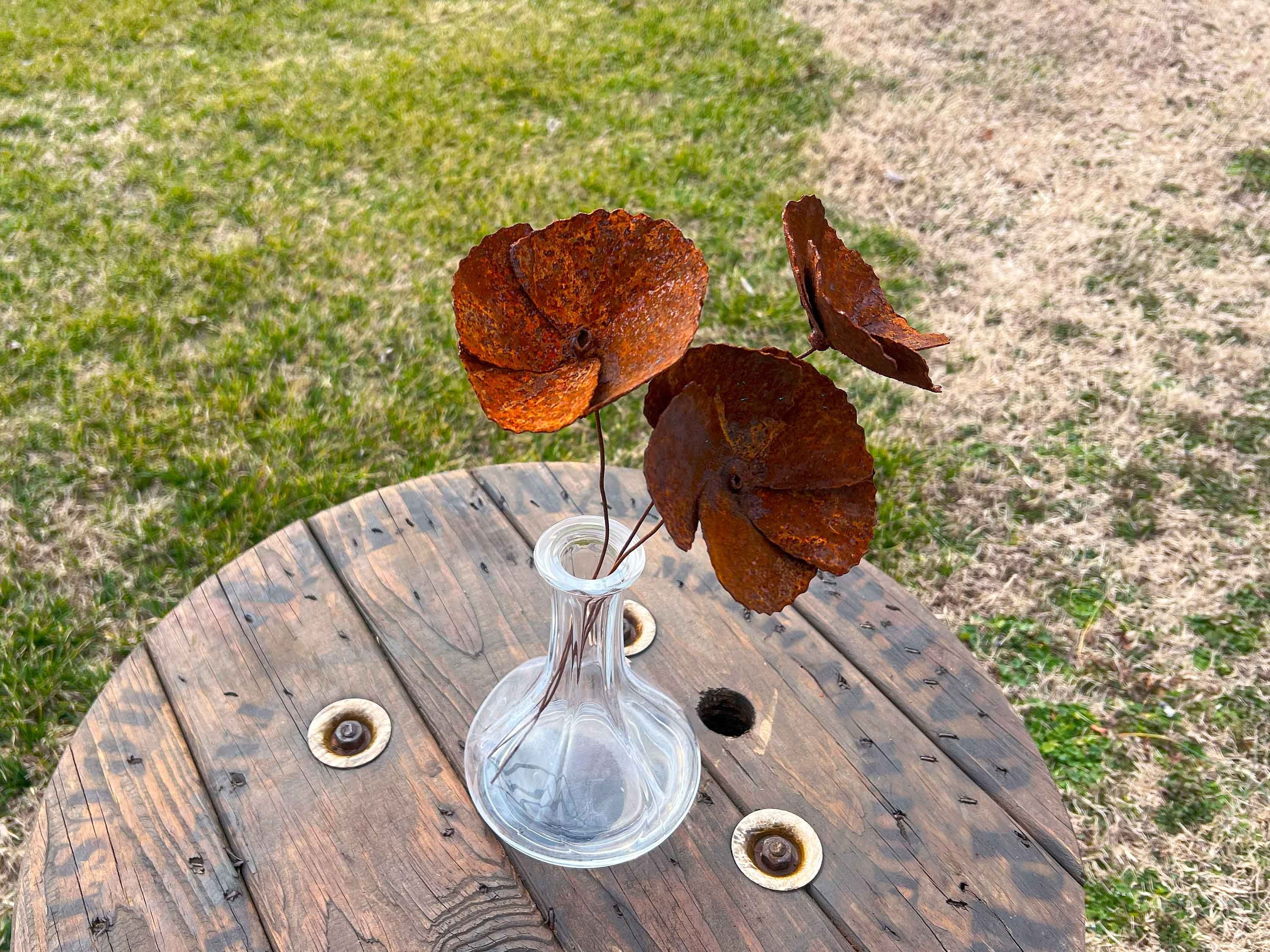 Rusty Iron Poppy Set: Handmade Industrial Floral Decor