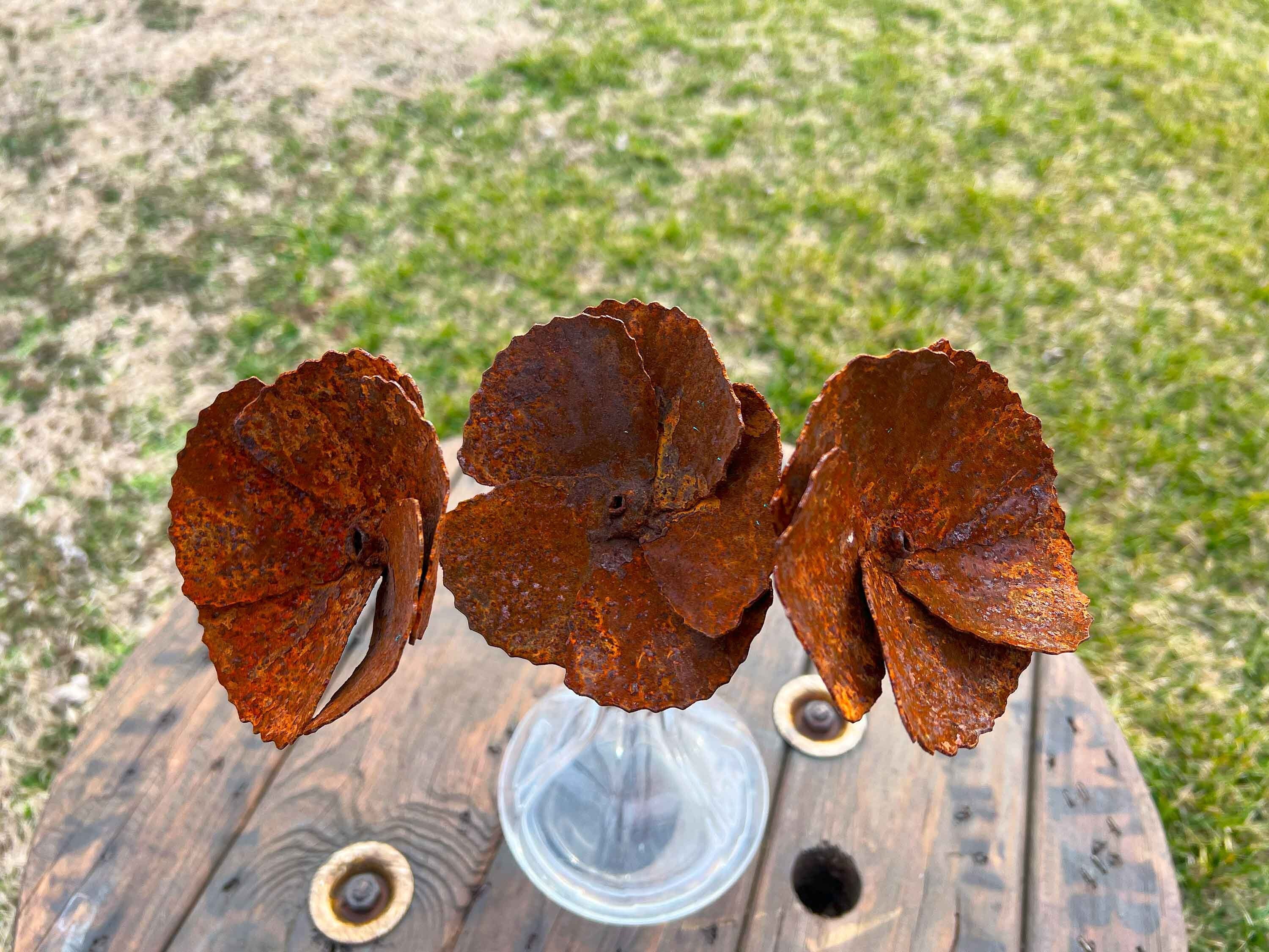 Rusty Iron Poppy Flowers (Set of 3): Industrial Floral Decor