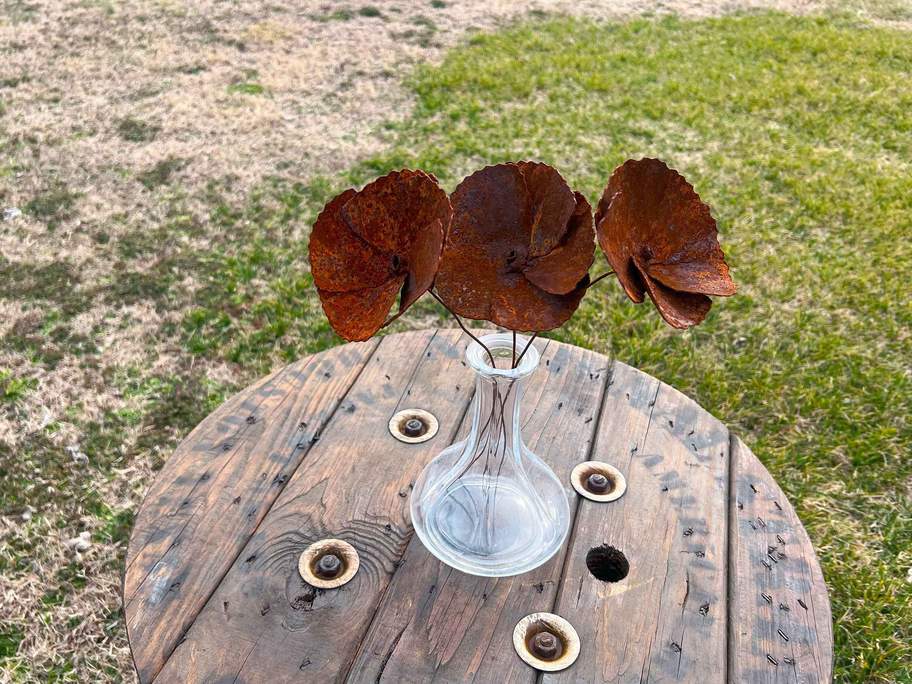 Rusty Iron Poppy Flowers (Set of 3): Industrial Floral Decor