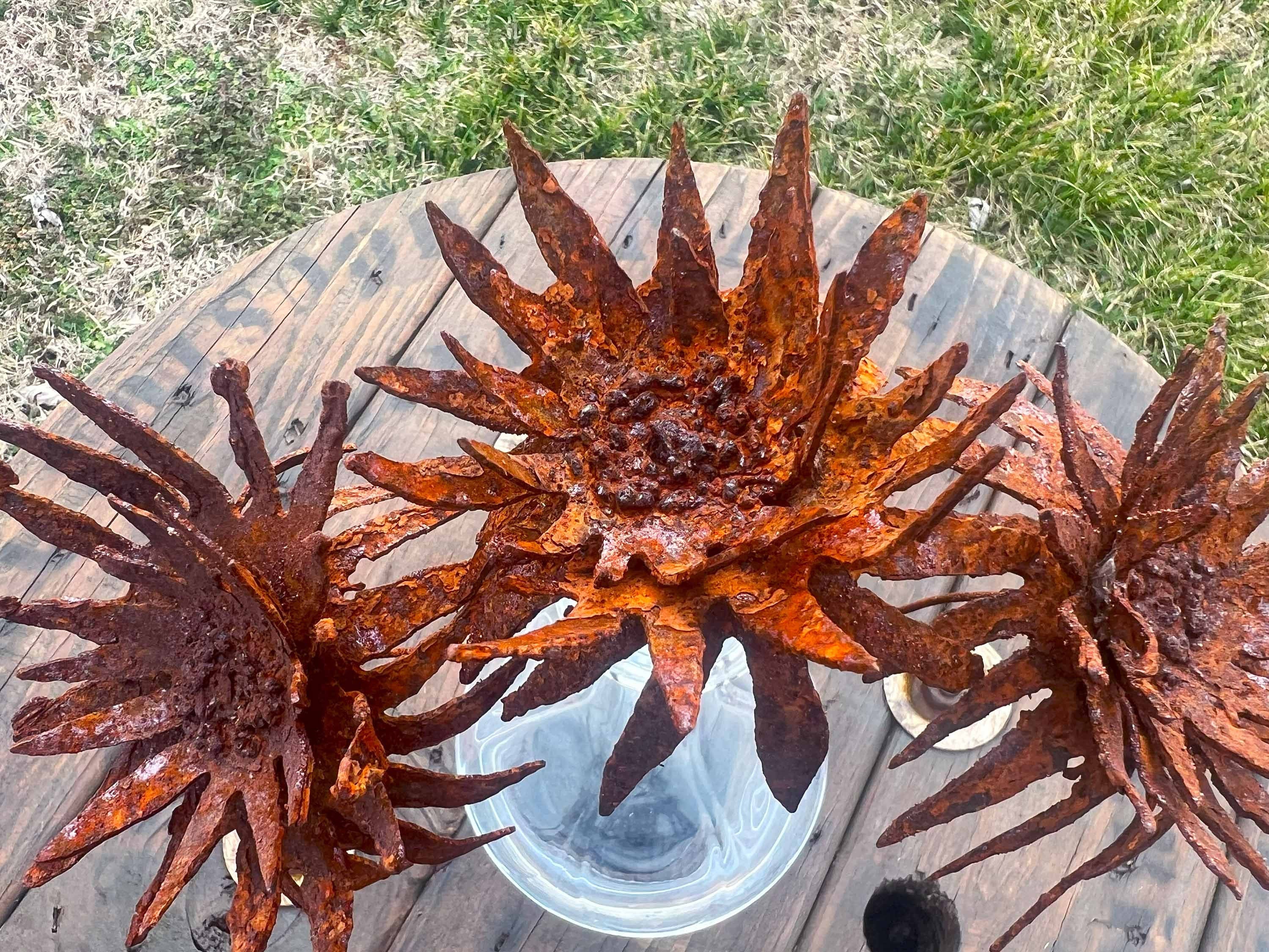 Handmade Rusty Metal Dahlia Flowers - Set of 3 - Rustic Industrial Decor