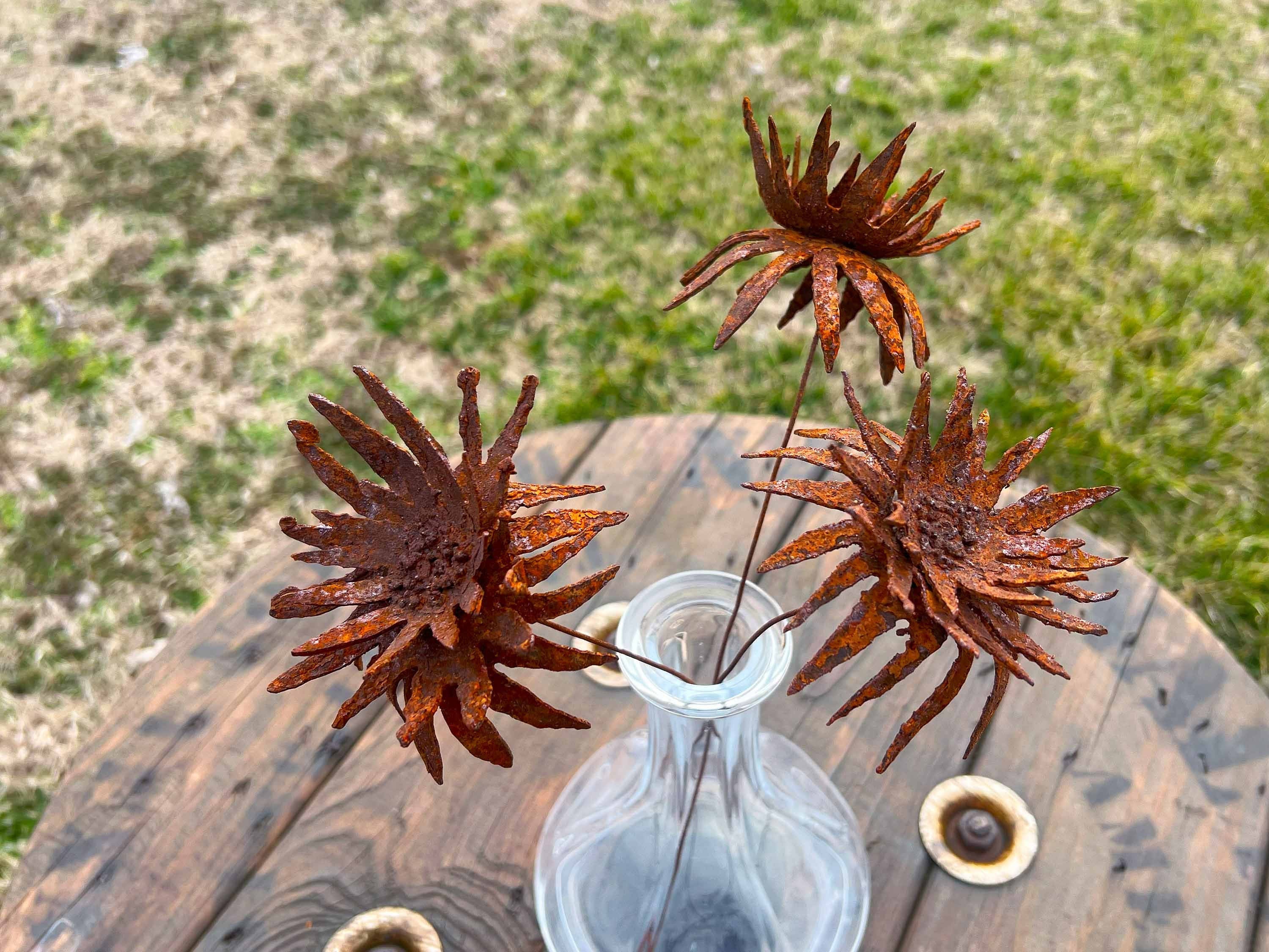 Handmade Rusty Metal Dahlia Flowers - Set of 3 - Rustic Industrial Decor