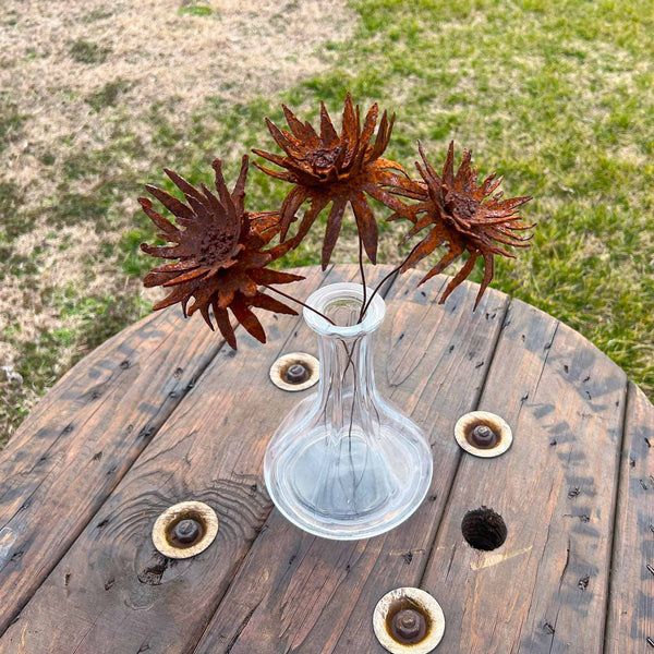 Handmade Rusty Metal Dahlia Flowers - Set of 3 - Rustic Industrial Decor
