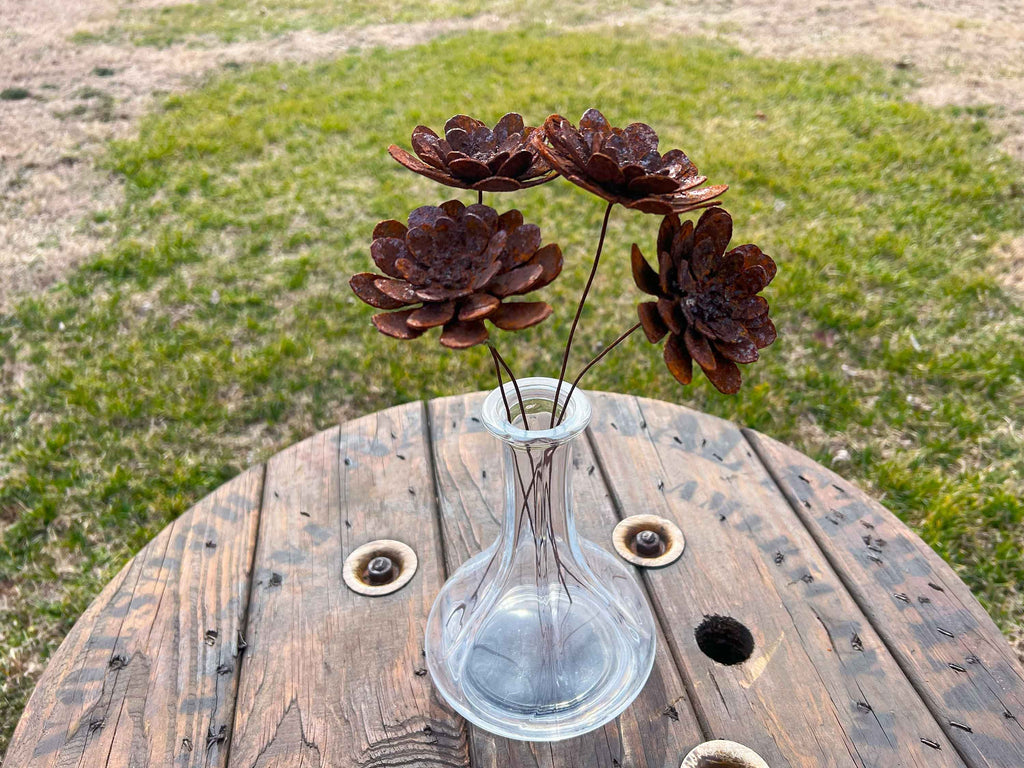 Rustic Rusty Zinnia Flowers - Handmade Metal Bloom Set of 4