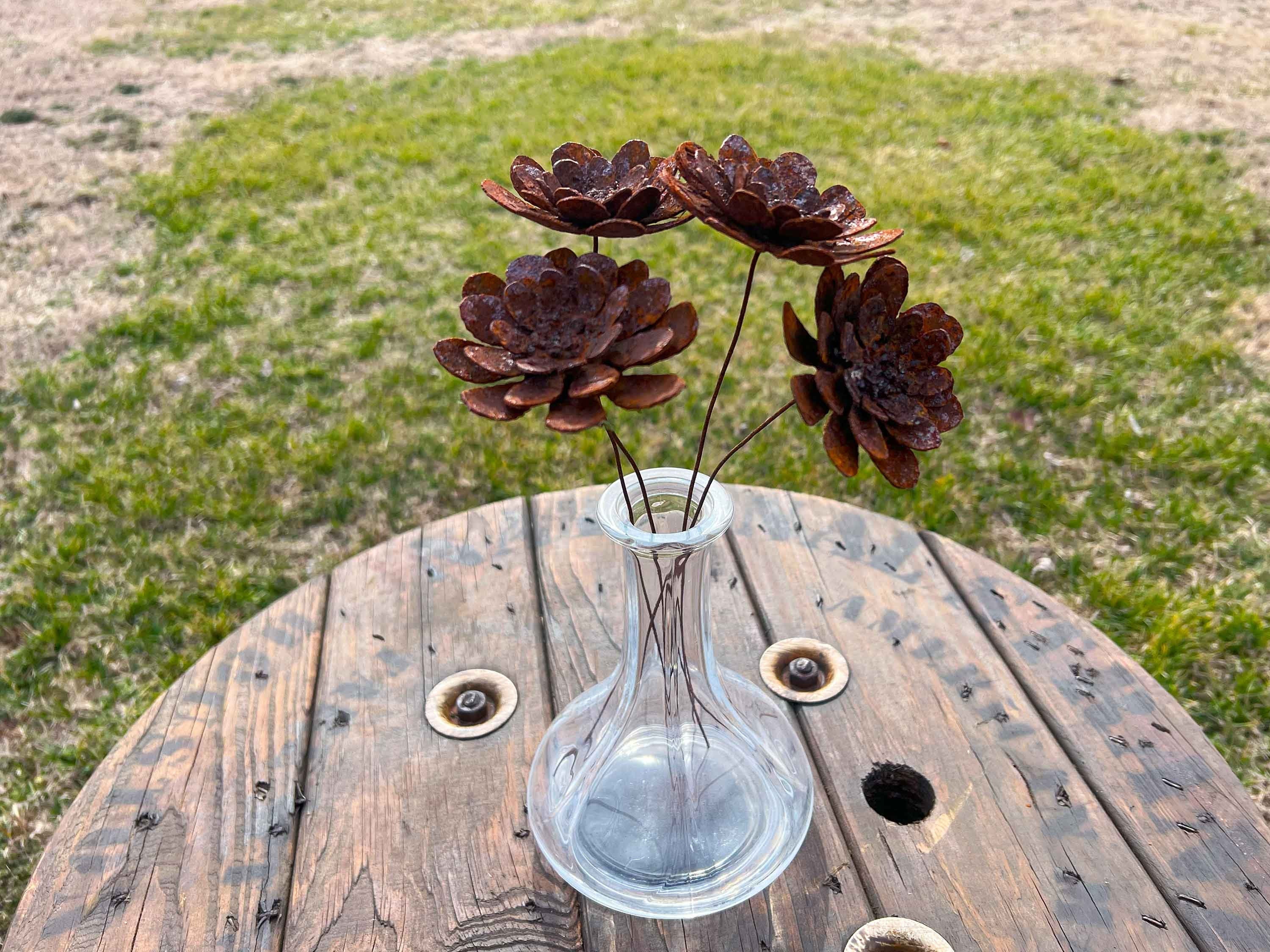 Rustic Rusty Zinnia Flowers - Handmade Metal Bloom Set of 4