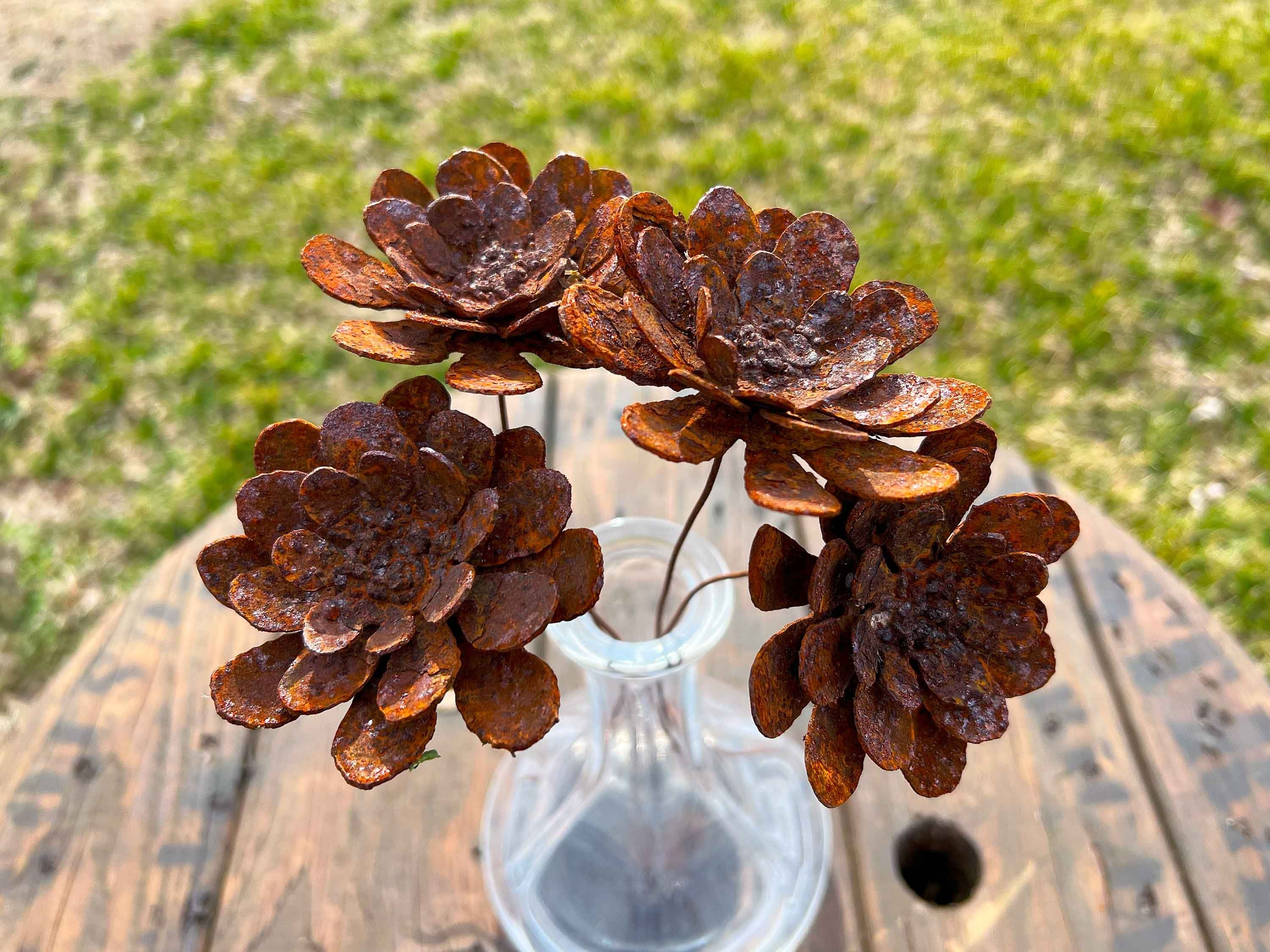 Rustic Rusty Zinnia Flowers - Handmade Metal Bloom Set of 4