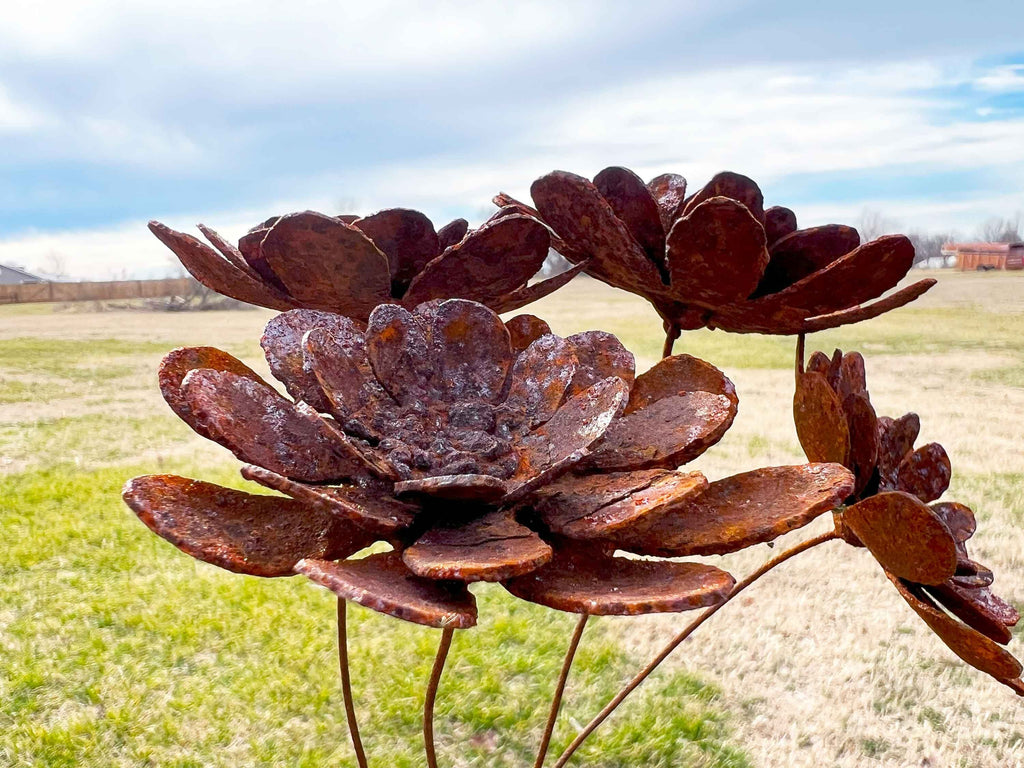 Rustic Rusty Zinnia Flowers - Handmade Metal Bloom Set of 4