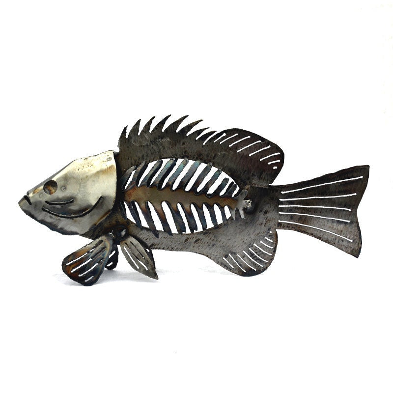 Metal Bass Sculpture: Cabin Lodge Fish Artwork