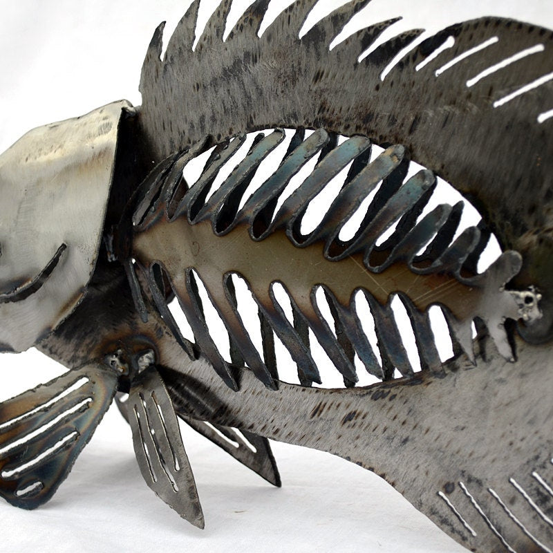 Metal Bass Sculpture: Cabin Lodge Fish Artwork