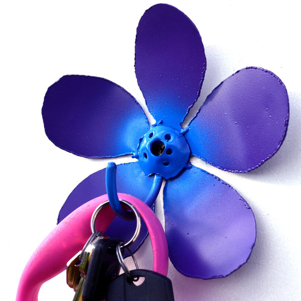 Flower Key Hook: Steel Leash Rack, Purple Teal Burst