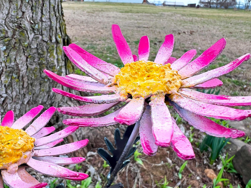 Handmade Pink & White Metal Daisy Yard Art - 22" Garden Decor