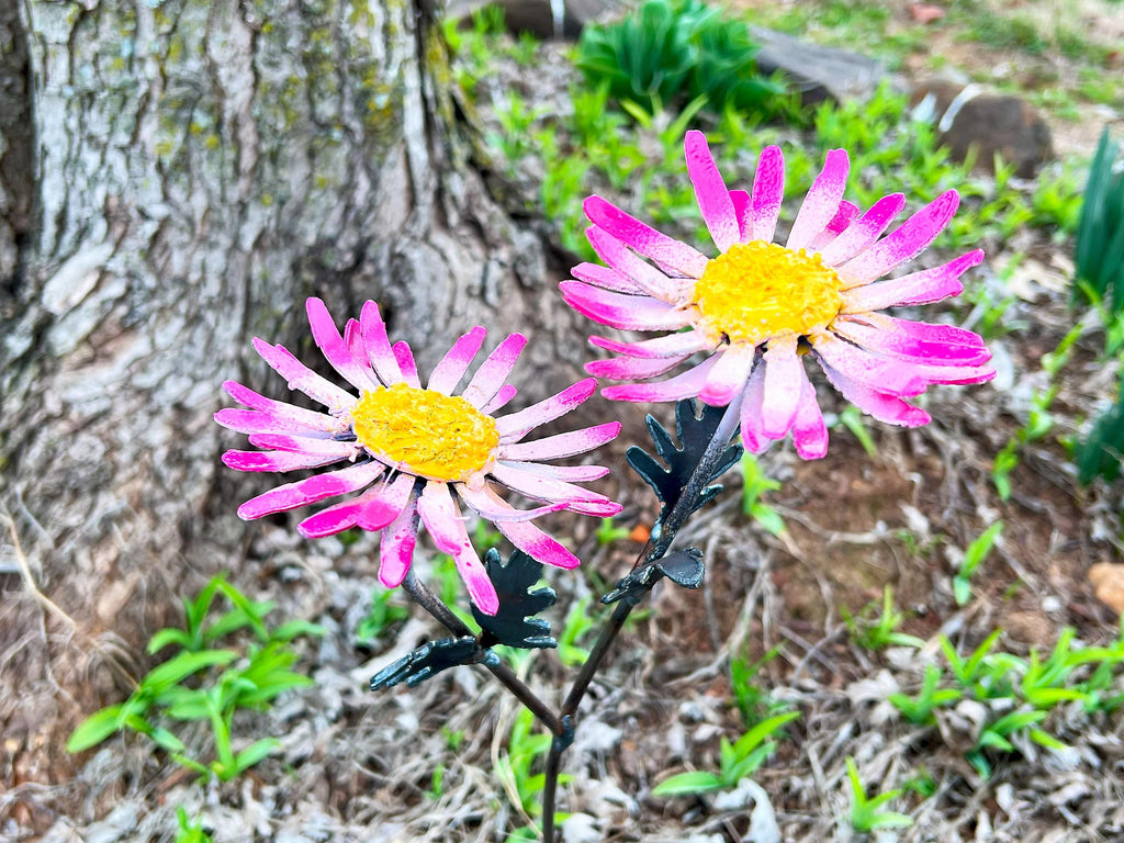 Handmade Pink & White Metal Daisy Yard Art - 22" Garden Decor