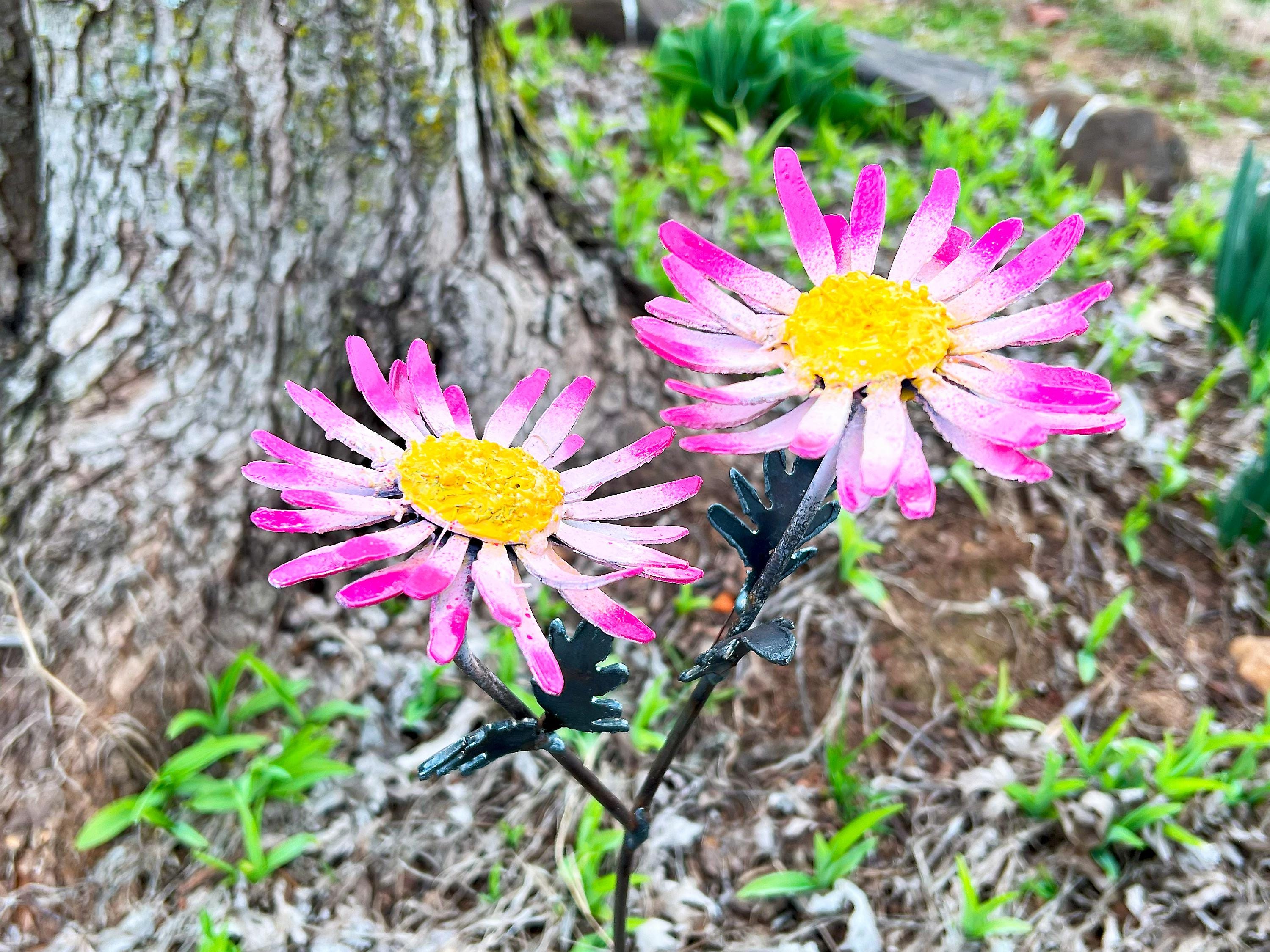 Handmade Pink & White Metal Daisy Yard Art - 22" Garden Decor