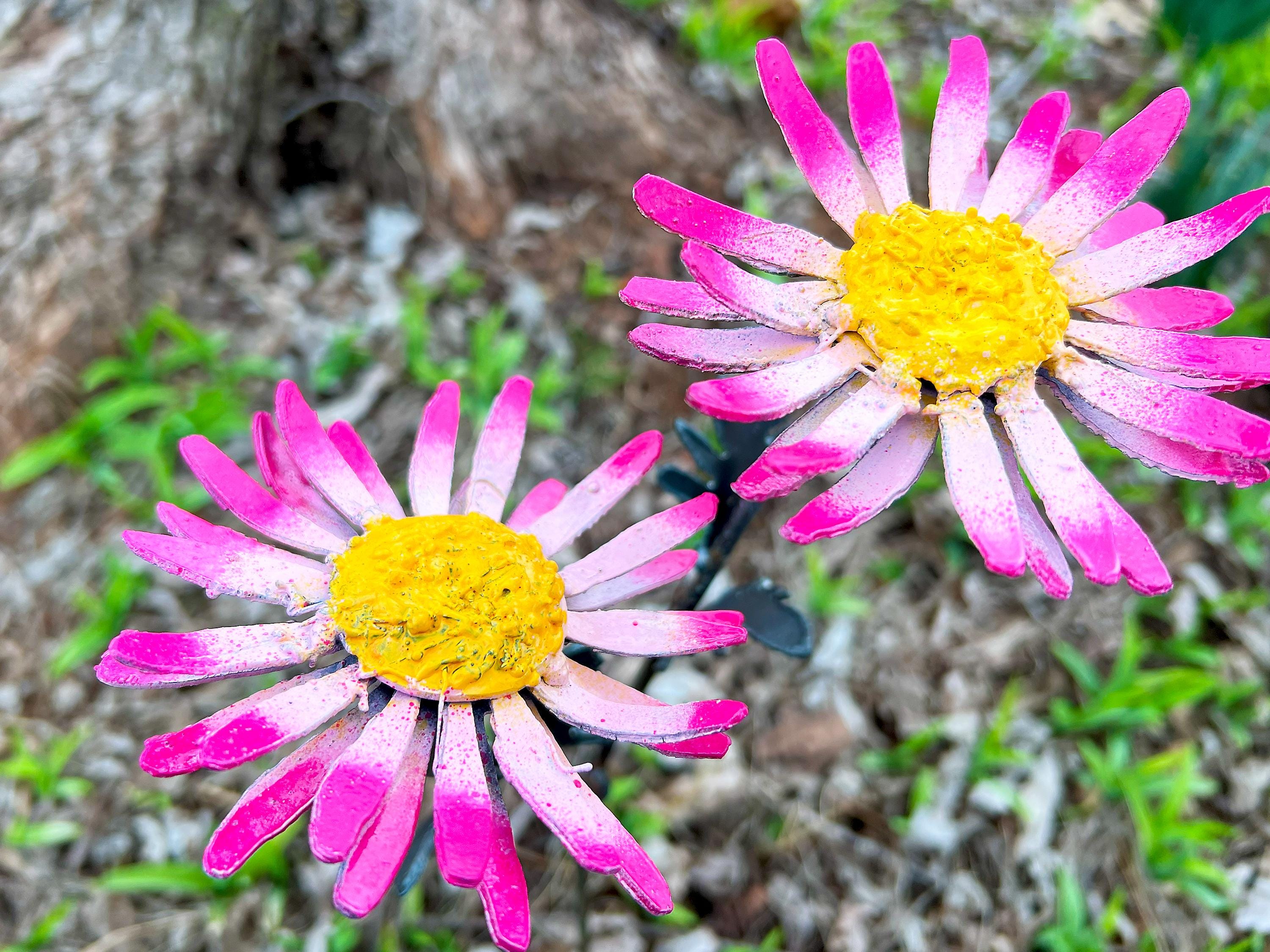 Handmade Pink & White Metal Daisy Yard Art - 22" Garden Decor