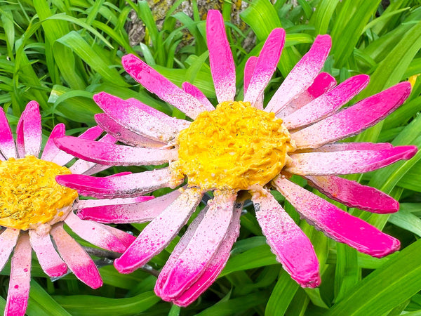 Handmade Pink & White Metal Daisy Yard Art - 22" Garden Decor