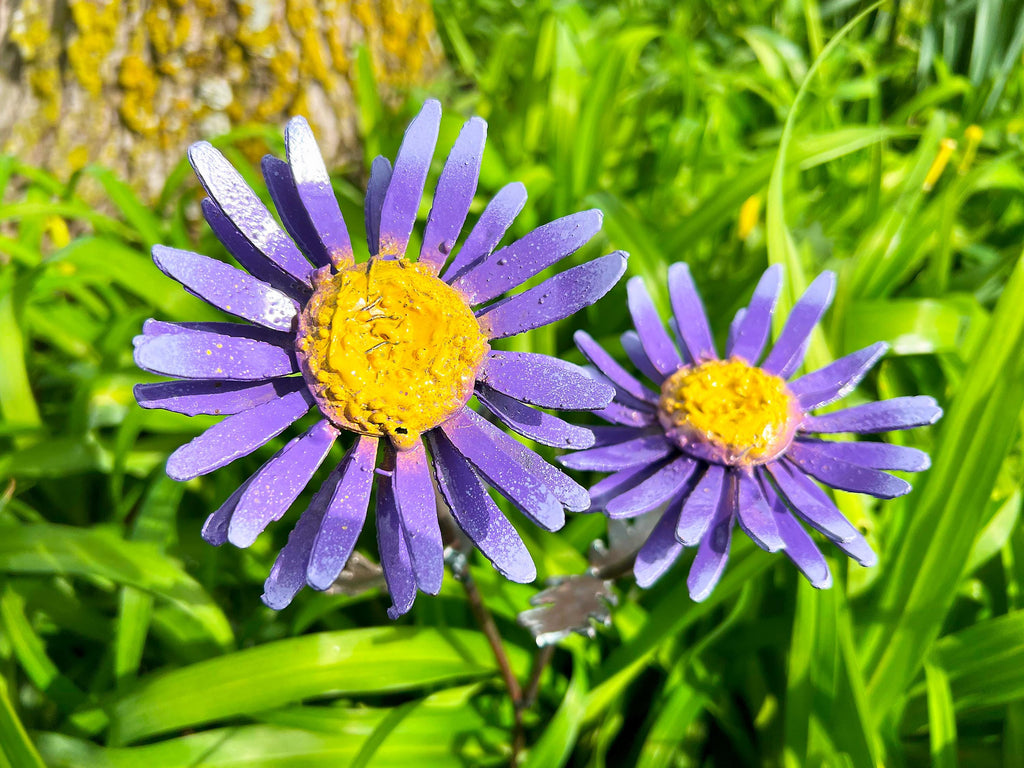 Handmade Metal Daisy Yard Art: Purple & Yellow Garden Decor