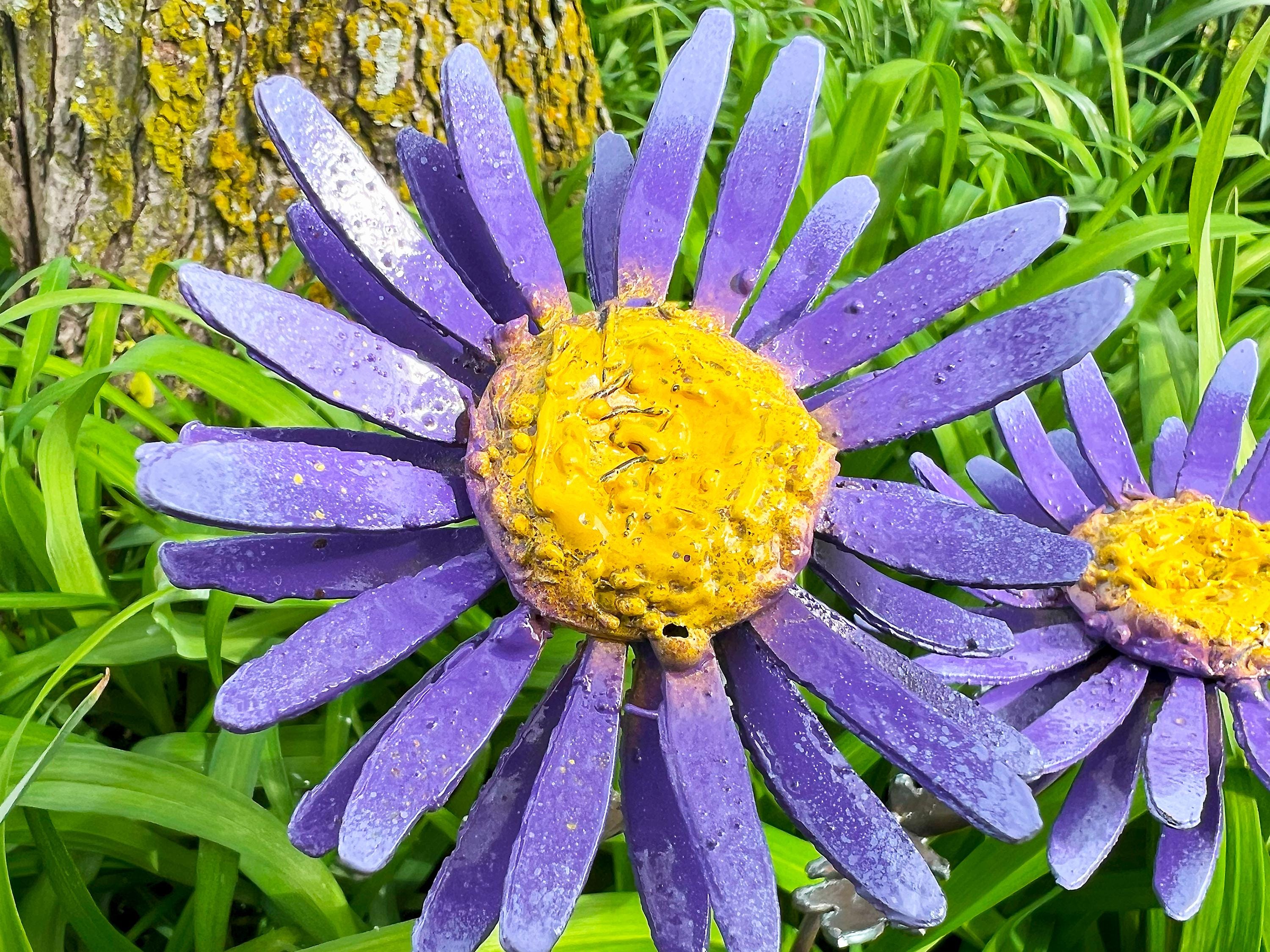 Handmade Metal Daisy Yard Art: Purple & Yellow Garden Decor