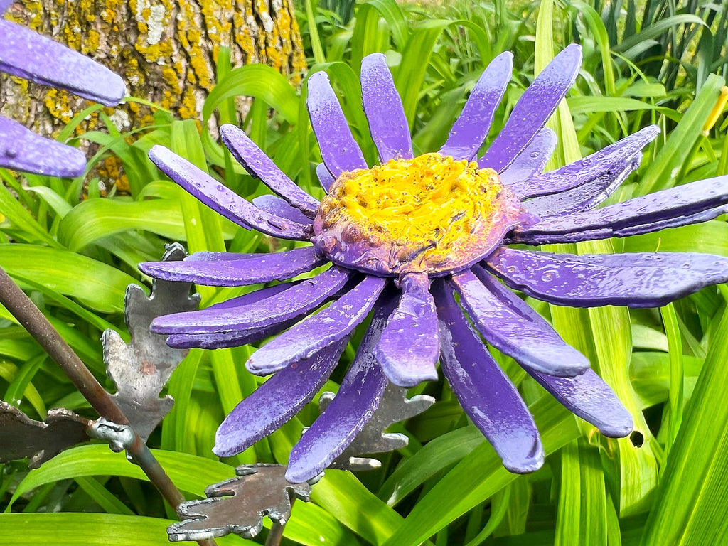 Handmade Metal Daisy Yard Art: Purple & Yellow Garden Decor