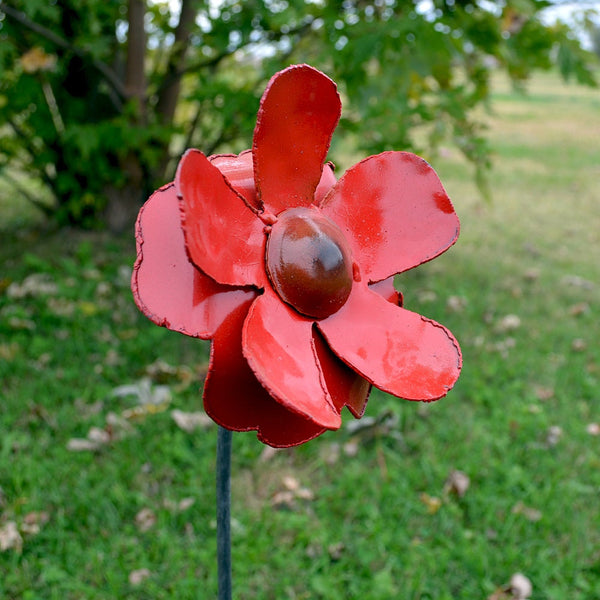 Red Metal Flower Stake: Burnt Center Garden Decor