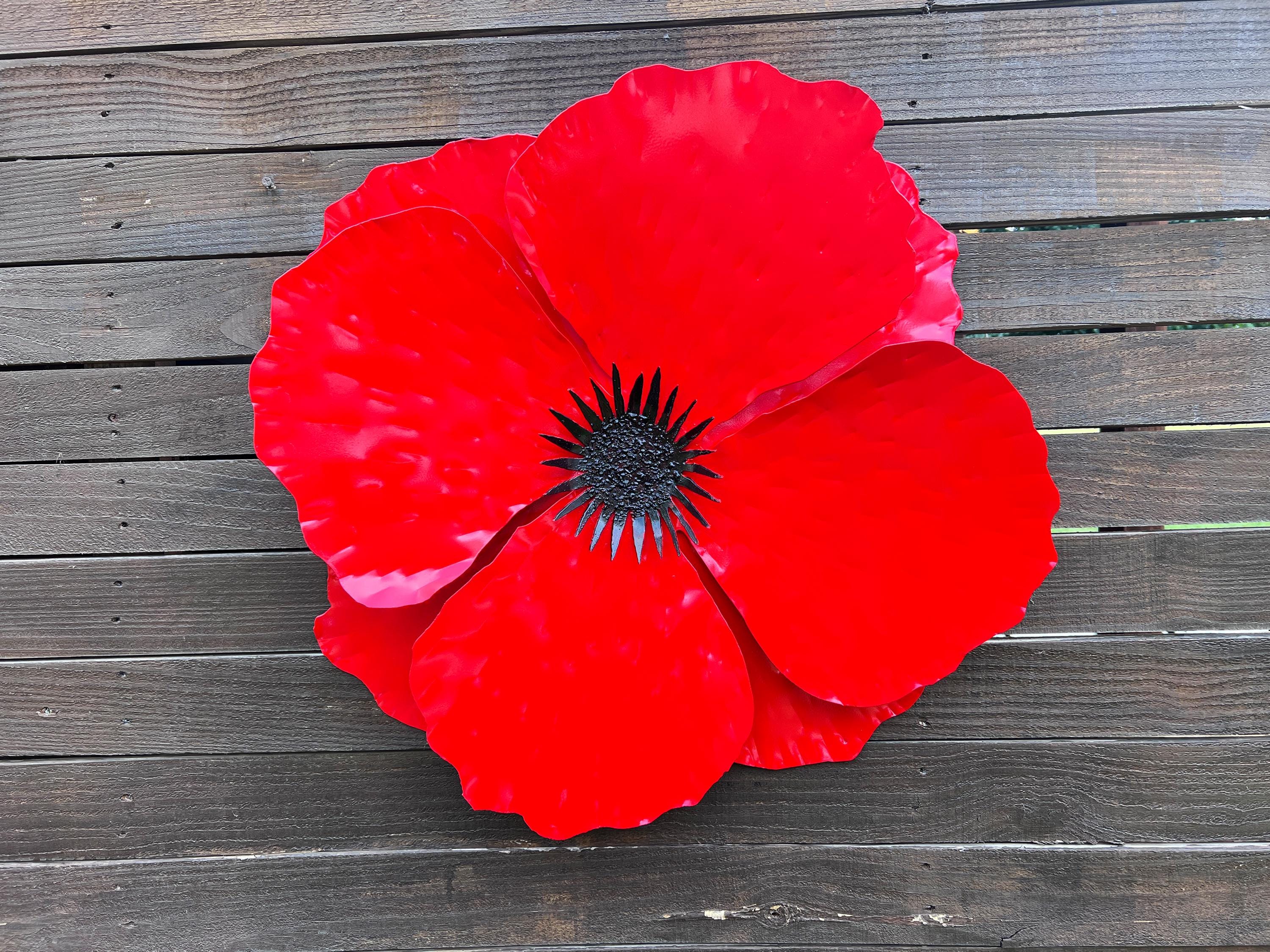 Large Red Metal Poppy Wall Art: Handmade Weather Resistant Flower