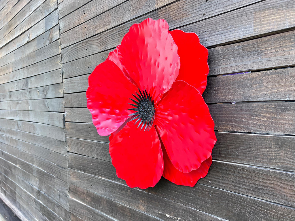 Large Red Metal Poppy Wall Art: Handmade Weather Resistant Flower