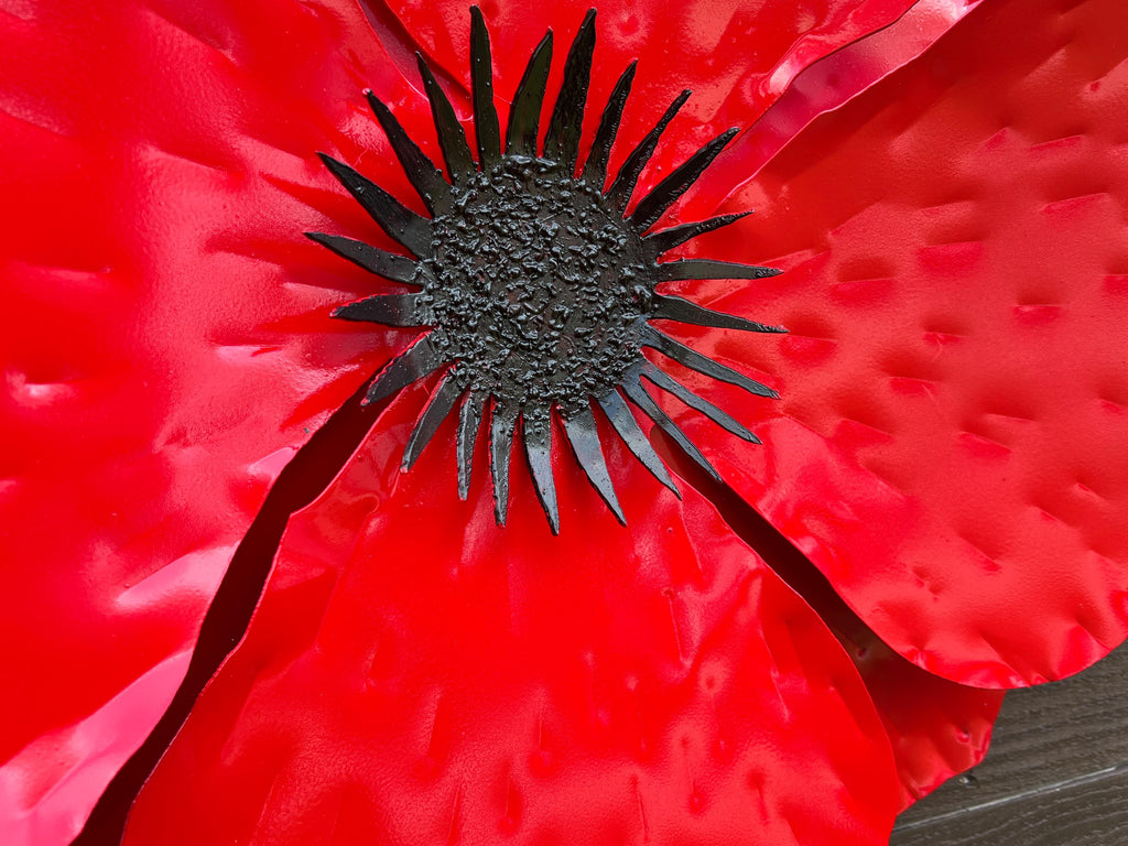 Large Red Metal Poppy Wall Art: Handmade Weather Resistant Flower