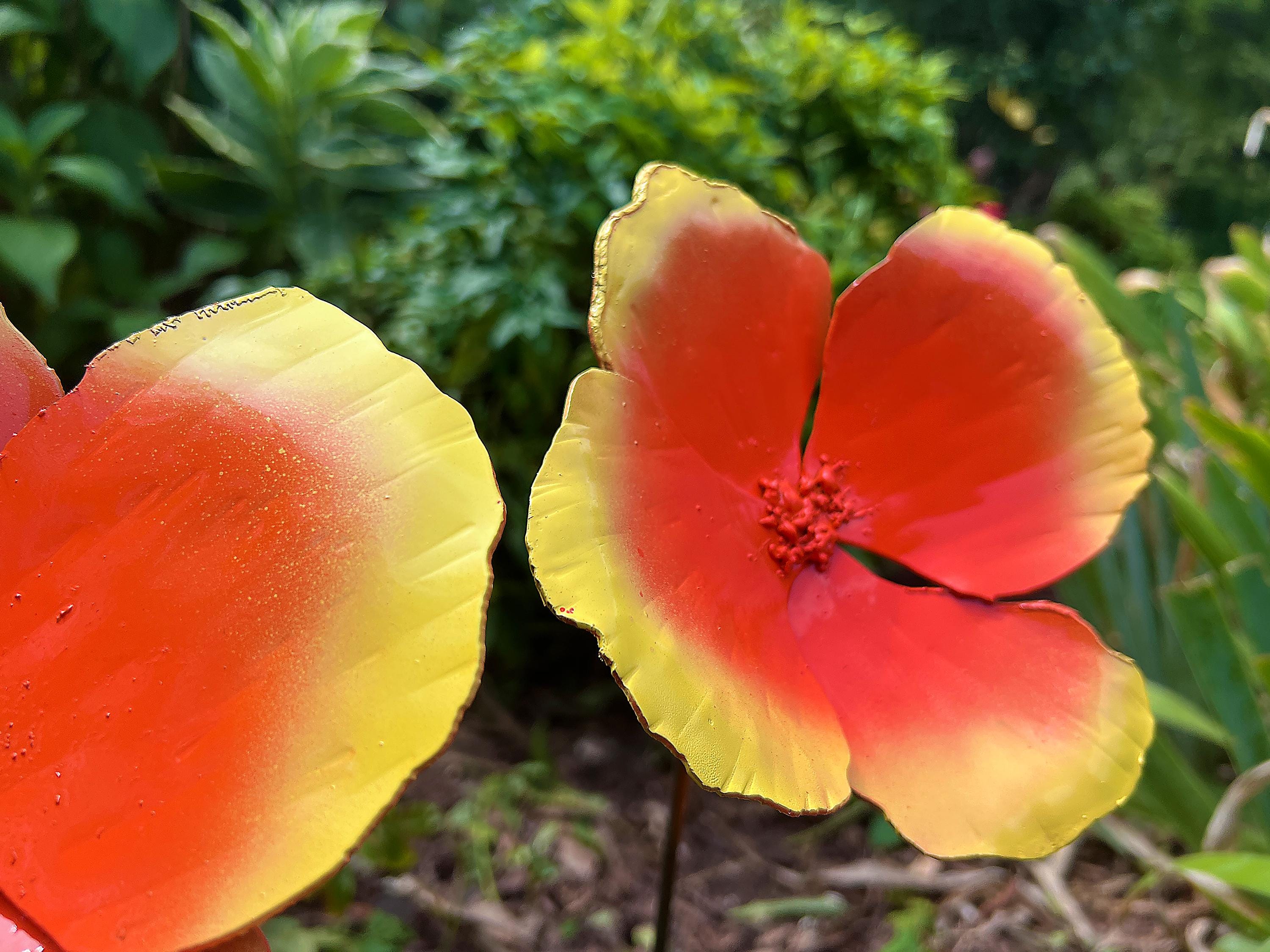 Handmade Metal California Poppy Set: Orange & Yellow Flower Garden Stakes