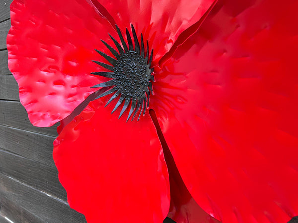 Large Red Metal Poppy Wall Art: Handmade Weather Resistant Flower